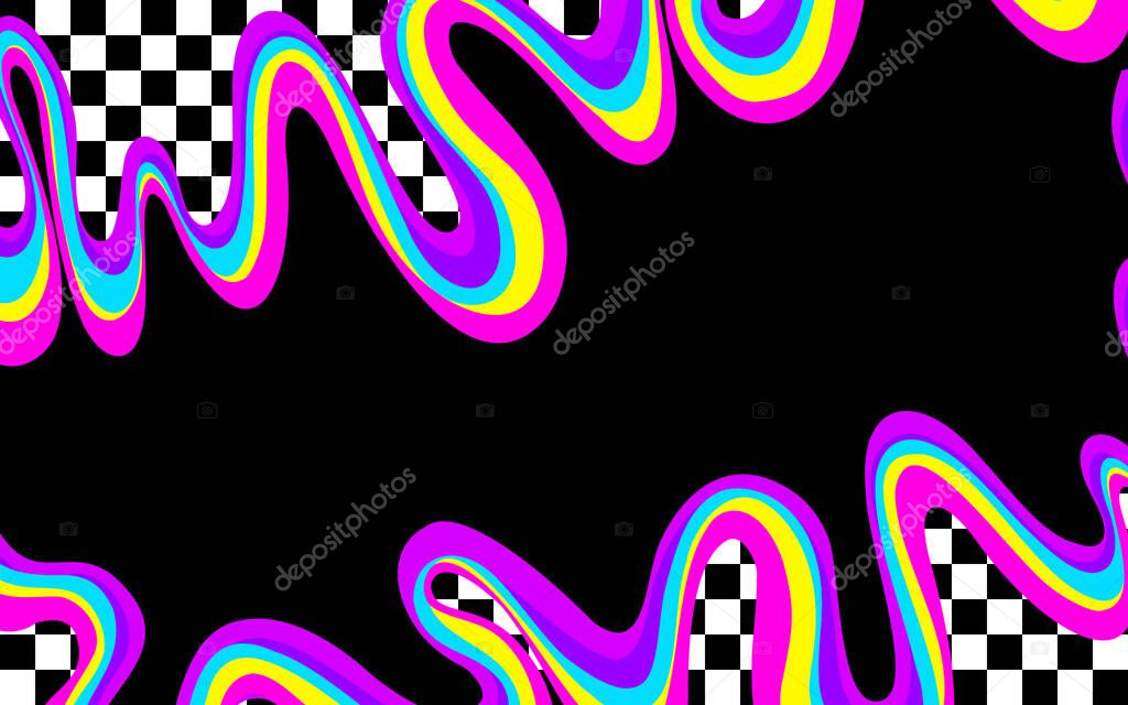Trendy checkered backgrounds with bright psychedelic rainbow frame. Graphic element  for fabric, textile, clothing, wrapping paper, wallpaper, poster, cover, template