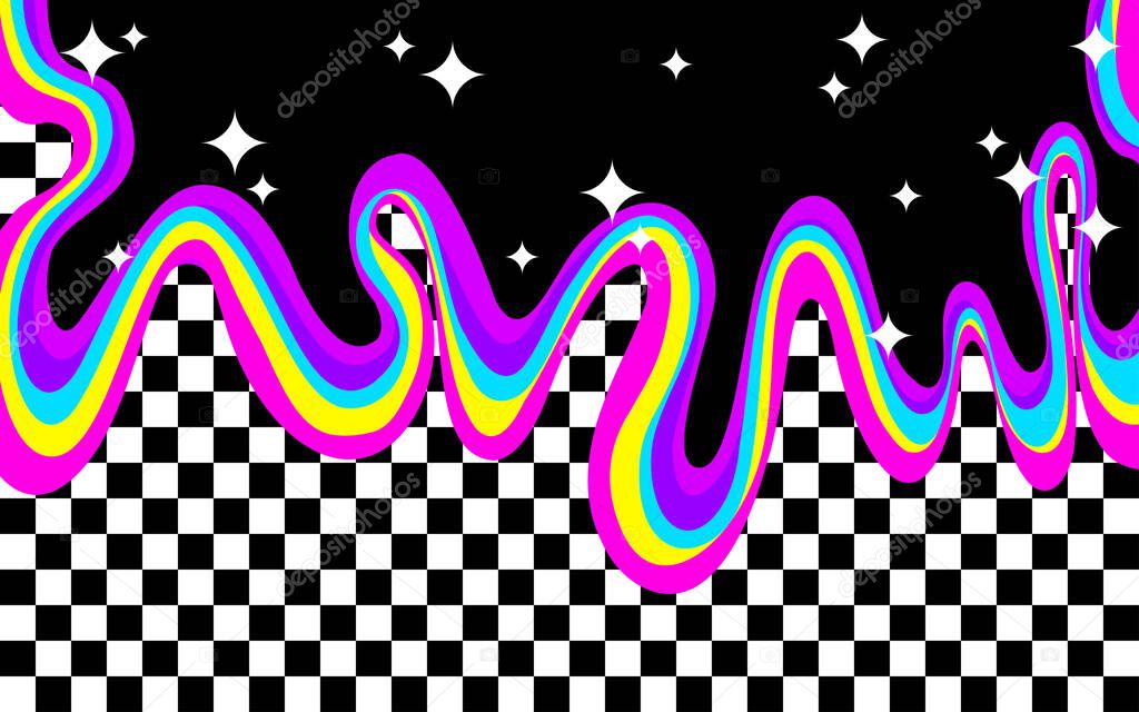 Trendy checkered backgrounds with bright psychedelic rainbow frame. Graphic element  for fabric, textile, clothing, wrapping paper, wallpaper, poster, cover, template