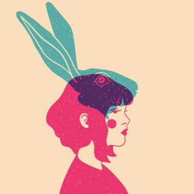 Tavşanlı bir kızın stilize edilmiş portresi. Logo, poster, avatar ve tişört tasarımı için mükemmel. Renkli şirin ekran yazdırma efekti. Riso yazdırma efekti. 