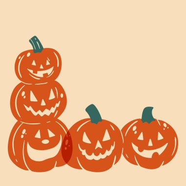 Cadılar Bayramı balkabakları. Jack lantern. Cadılar Bayramı için dekor. Komik balkabakları. Arka plan, poster, tişört tasarımı. Risograph yazdırma efektli vektör illüstrasyonu