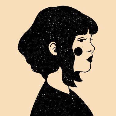 Bir kızın stilize edilmiş portresi. Düz biçimde renkli vektör çizimi. Logo, poster, avatar, tişört tasarımı için mükemmel.