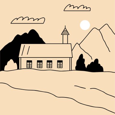 Manzara. Çiftlik, dağdaki ev, çiftlik, çayır, ev, ağaç, yol, dağ. El çizimi vektör çizimi. Kırsal bölgelerin minimalist panoramik araştırması. Simge, logo, baskı, poster şablonları