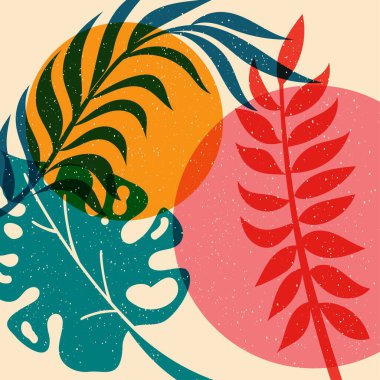 Tropikal yapraklı arka plan, geometrik şekiller. Renkli şirin ekran yazdırma efekti. Riso baskı etkisi. Vektör çizimi. Kumaş, tekstil, giysi, ambalaj kağıdı ve poster için grafik ögesi