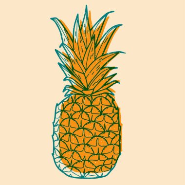  Ananas. Renkli şirin ekran yazdırma efekti. Riso baskı etkisi. Vektör çizimi. Kumaş, tekstil, giysi, ambalaj kağıdı, duvar kağıdı, poster için grafiksel öge. 