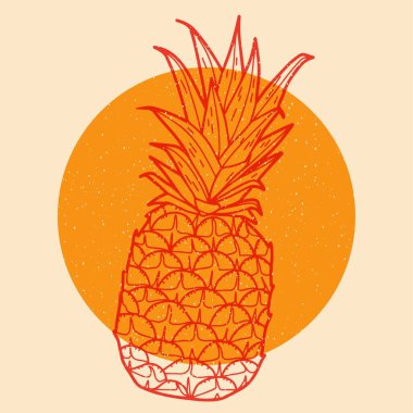  Ananas. Renkli şirin ekran yazdırma efekti. Riso baskı etkisi. Vektör çizimi. Kumaş, tekstil, giysi, ambalaj kağıdı, duvar kağıdı, poster için grafiksel öge. 