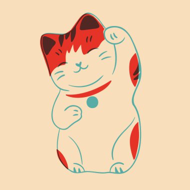 Şanslı kedi. Renkli şirin ekran yazdırma efekti. Riso baskı etkisi. Vektör çizimi. Kumaş, tekstil, giysi, ambalaj kağıdı, duvar kağıdı, poster için grafiksel öge.