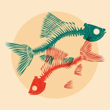 Balık iskeleti. Renkli şirin ekran yazdırma efekti. Riso baskı etkisi. Vektör çizimi. Kumaş, tekstil, giysi, ambalaj kağıdı, duvar kağıdı, poster için grafiksel öge. 