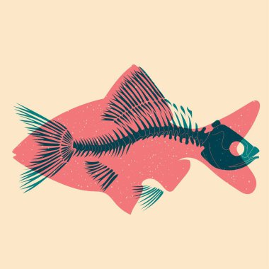 Balık iskeleti. Renkli şirin ekran yazdırma efekti. Riso baskı etkisi. Vektör çizimi. Kumaş, tekstil, giysi, ambalaj kağıdı, duvar kağıdı, poster için grafiksel öge. 