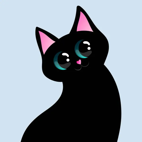 Çizgi filmdeki büyük gözlü kara kedi. Baskı, çıkartma, parti dekorasyonu, logo, amblem, dergi baskıları ya da makale, tişört tasarımı, poster için tasarım. Vektör illüstrasyonu 