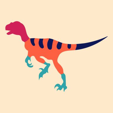 Bir dinozorun çok renkli silueti. Düz, parlak, basit stil. Posterler için tasarım ögesi, giysi baskıları, afişler, kapaklar, web siteleri, sosyal ağlar, logo