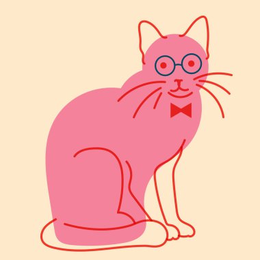 Kedi. Avatar, rozet, poster, logo kalıpları, parmak izi. Riso yazıcı efektli minimalist bir illüstrasyon. Düz çizgi film biçimi