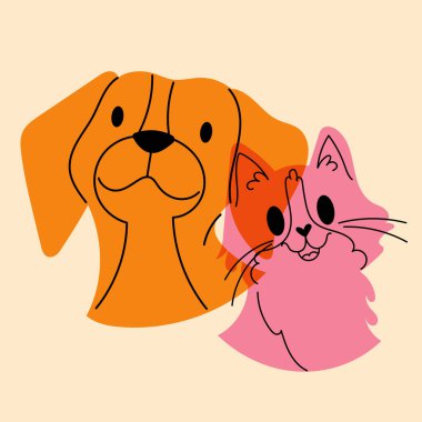 Köpek ve kedi. Avatar, rozet, poster, logo kalıpları, parmak izi. Riso yazıcı efektli minimalist bir illüstrasyon. Düz çizgi film biçimi