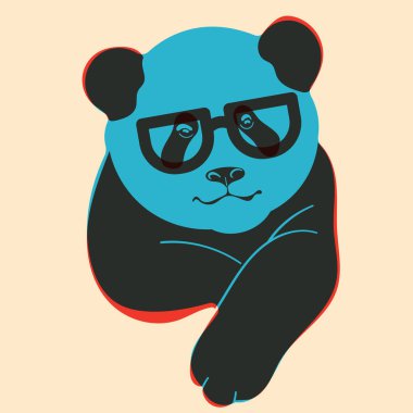 Gözlüklü panda. Avatar, rozet, poster, logo kalıpları, parmak izi. Riso yazıcı efektli minimalist bir illüstrasyon. Düz çizgi film biçimi