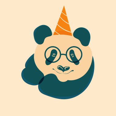 Doğum günü şapkalı panda. Avatar, rozet, poster, logo kalıpları, parmak izi. Riso yazıcı efektli minimalist bir illüstrasyon. Düz çizgi film biçimi