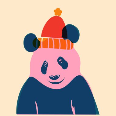 Panda in a hat. Avatar, badge, poster, logo templates, print. Vector illustration in a minimalist style  with Riso print effect. Flat cartoon style clipart