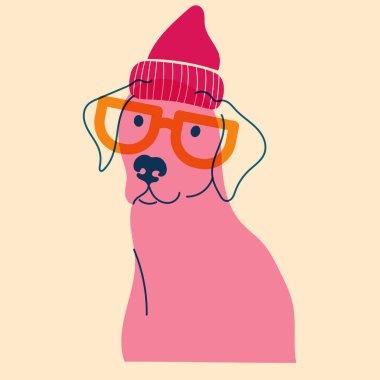 Köpek, şapkalı ve gözlüklü köpek. Avatar, rozet, poster, logo kalıpları, parmak izi. Riso yazıcı efektli minimalist bir illüstrasyon. Düz çizgi film biçimi