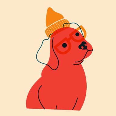 Dog, puppy in hat and glasses. Avatar, badge, poster, logo templates, print. Vector illustration in a minimalist style  with Riso print effect. Flat cartoon style clipart