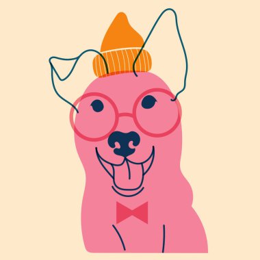 Köpek, şapkalı ve gözlüklü köpek. Avatar, rozet, poster, logo kalıpları, parmak izi. Riso yazıcı efektli minimalist bir illüstrasyon. Düz çizgi film biçimi