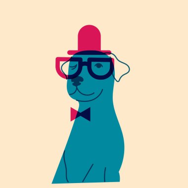 Köpek, şapkalı ve gözlüklü köpek. Avatar, rozet, poster, logo kalıpları, parmak izi. Riso yazıcı efektli minimalist bir illüstrasyon. Düz çizgi film biçimi