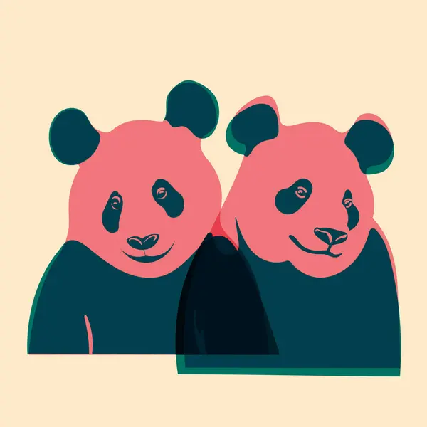 Pandalar. Avatar, rozet, poster, logo kalıpları, parmak izi. Riso baskı efektli illüstrasyon. Düz biçim
