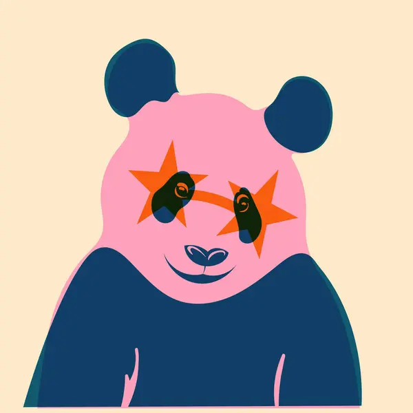 Gözlüklü panda. Avatar, rozet, poster, logo kalıpları, parmak izi. Riso yazıcı efektli minimalist bir illüstrasyon. Düz çizgi film biçimi