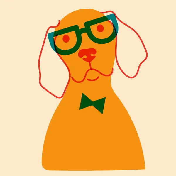 Köpek, gözlüklü köpek. Avatar, rozet, poster, logo kalıpları, parmak izi. Riso yazıcı efektli minimalist bir illüstrasyon. Düz çizgi film biçimi
