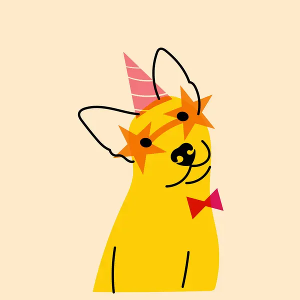 Köpek, şapkalı ve gözlüklü köpek. Avatar, rozet, poster, logo kalıpları, parmak izi. Riso yazıcı efektli minimalist bir illüstrasyon. Düz çizgi film biçimi
