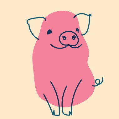 Pembe domuz. Riso yazıcı efektli minimalist bir illüstrasyon. Tasarım, baskı, çıkartma, parti dekorasyonu, logo, amblem, dergi baskısı veya günlük makalesi, t-shirt desi