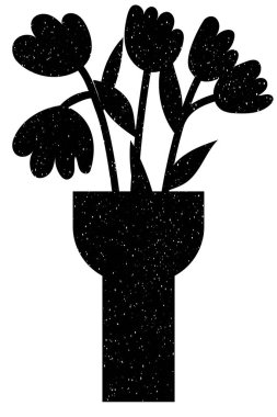 Vazodaki siyah beyaz çiçek silueti. Kumaş, tekstil, giysi, ambalaj kağıdı, duvar kağıdı, poster için grafiksel öge. 