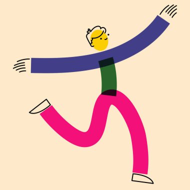 Geometrik düz tarzda insan karakteri. Hareketli bir adam, hareket halinde bir adam. Risograph yazıcının etkisi. Sosyal ağlar, posterler, afişler, kumaş tasarımı için.