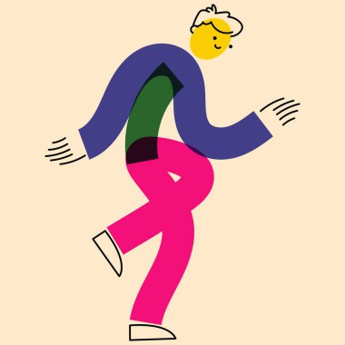 Geometrik düz tarzda insan karakteri. Hareketli bir adam, hareket halinde bir adam. Risograph yazıcının etkisi. Sosyal ağlar, posterler, afişler, kumaş tasarımı için.