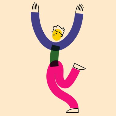 Geometrik düz tarzda insan karakteri. Hareketli bir adam, hareket halinde bir adam. Risograph yazıcının etkisi. Sosyal ağlar, posterler, afişler, kumaş tasarımı için.