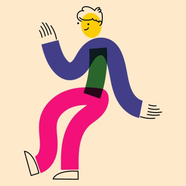 Geometrik düz tarzda insan karakteri. Hareketli bir adam, hareket halinde bir adam. Risograph yazıcının etkisi. Sosyal ağlar, posterler, afişler, kumaş tasarımı için.