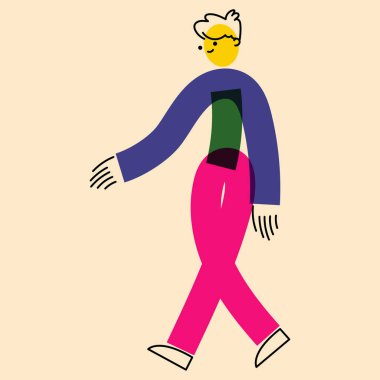 Geometrik düz tarzda insan karakteri. Hareketli bir adam, hareket halinde bir adam. Risograph yazıcının etkisi. Sosyal ağlar, posterler, afişler, kumaş tasarımı için.