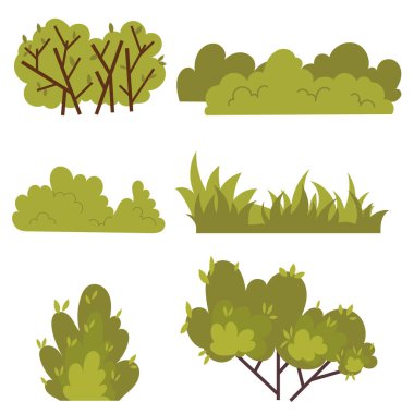 Çalılar, ağaçlar, çimenler, yeşillikler.