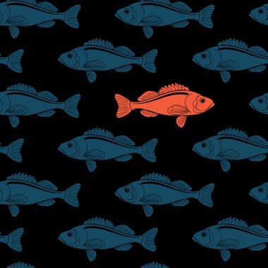 Balıklarla kusursuz bir desen. Kumaş tasarımı, poster, baskı, dekor ögesi için mükemmel