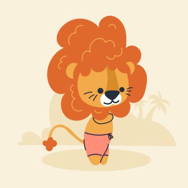 Cute kawaii lion on beach in cartoon, flat, doodle, simple style. Design element for posters, postcards, greeting cards, wallpapers, children's clothes, fabrics, t-shirts, logos clipart