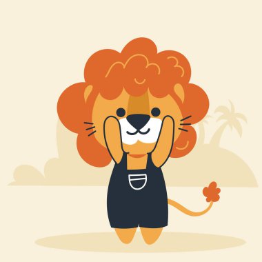 Cute kawaii lion on beach in cartoon, flat, doodle, simple style. Design element for posters, postcards, greeting cards, wallpapers, children's clothes, fabrics, t-shirts, logos clipart