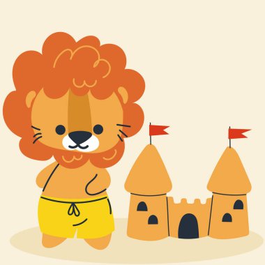 Çizgi filmdeki sevimli kawaii aslanı, düz, karalama, basit bir stil. Posterler, kartpostallar, tebrik kartları, duvar kağıtları, çocuk giysileri, kumaşlar, tişörtler, logolar için tasarım ögesi