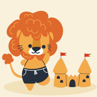 Cute kawaii lion on beach in cartoon, flat, doodle, simple style. Design element for posters, postcards, greeting cards, wallpapers, children's clothes, fabrics, t-shirts, logos clipart