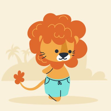 Cute kawaii lion on beach in cartoon, flat, doodle, simple style. Design element for posters, postcards, greeting cards, wallpapers, children's clothes, fabrics, t-shirts, logos clipart