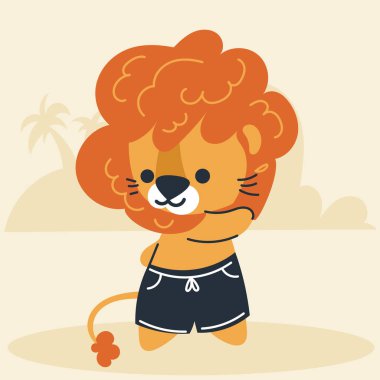 Cute kawaii lion on beach in cartoon, flat, doodle, simple style. Design element for posters, postcards, greeting cards, wallpapers, children's clothes, fabrics, t-shirts, logos clipart