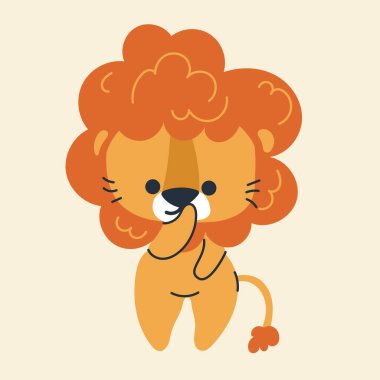 Çizgi filmdeki sevimli kawaii aslanı, düz, karalama, basit stil. Posterler, kartpostallar, tebrik kartları, duvar kağıtları, çocuk giysileri, kumaşlar, tişörtler, logolar için tasarım ögesi