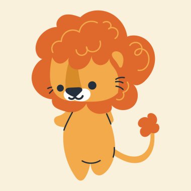Çizgi filmdeki sevimli kawaii aslanı, düz, karalama, basit stil. Posterler, kartpostallar, tebrik kartları, duvar kağıtları, çocuk giysileri, kumaşlar, tişörtler, logolar için tasarım ögesi