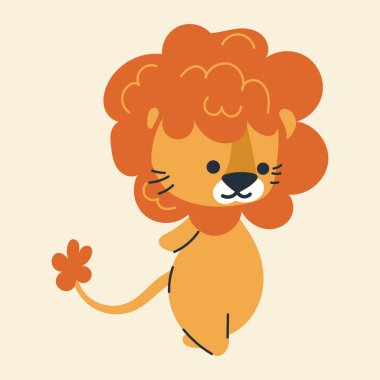 Çizgi filmdeki sevimli kawaii aslanı, düz, karalama, basit stil. Posterler, kartpostallar, tebrik kartları, duvar kağıtları, çocuk giysileri, kumaşlar, tişörtler, logolar için tasarım ögesi