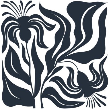 Çiçeksel, botanik, soyut siyah beyaz kompozisyon. Modern moda minimal tarz. Çiçek posteri, davetiye, kartpostal, kapak, afiş.