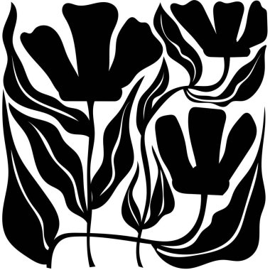 Çiçeksel, botanik, soyut siyah beyaz kompozisyon. Modern moda minimal tarz. Çiçek posteri, davetiye, kartpostal, kapak, afiş.