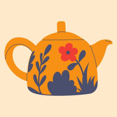 Çizgi filmdeki şirin çaydanlık düz çizgi film tarzında. Tasarım elementi, posterler, kumaş desenleri, mutfak dekoru, kafe, yemek odası, logo.