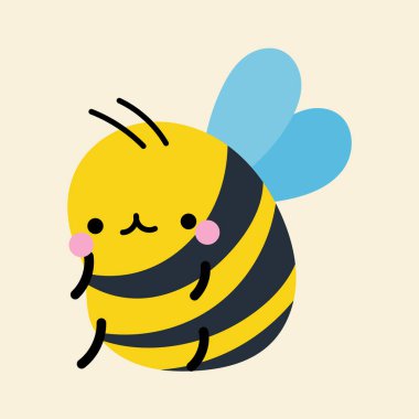 Çizgi filmdeki şirin kawaii arısı, düz, karalama, basit tarz. Posterler, kartpostallar, tebrik kartları, duvar kağıtları, çocuk giysileri, kumaşlar, tişörtler, logolar için tasarım ögesi