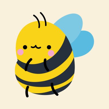 Çizgi filmdeki şirin kawaii arısı, düz, karalama, basit tarz. Posterler, kartpostallar, tebrik kartları, duvar kağıtları, çocuk giysileri, kumaşlar, tişörtler, logolar için tasarım ögesi
